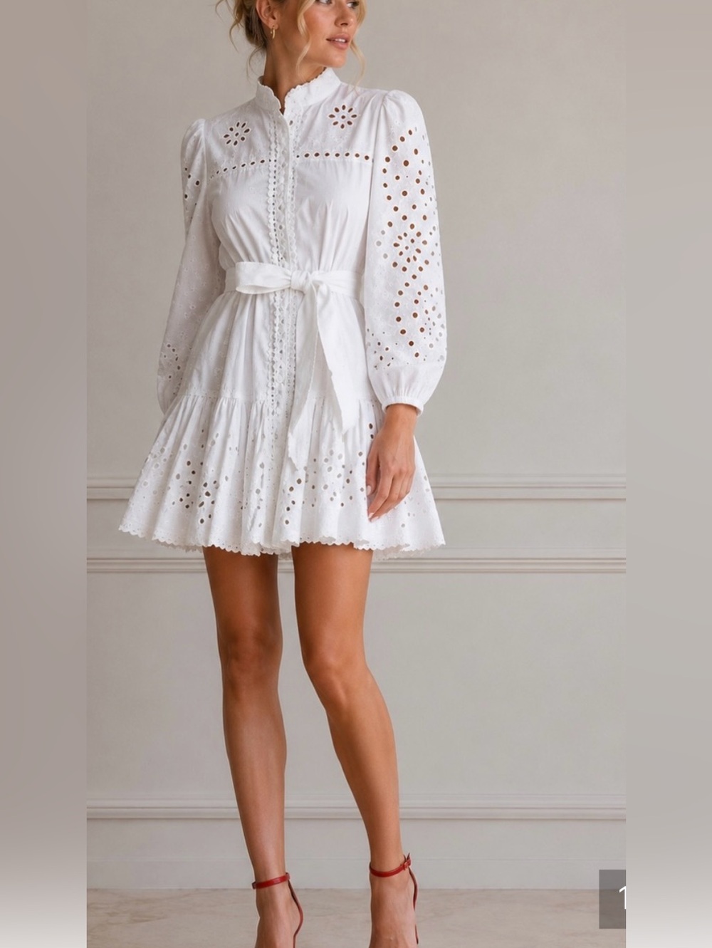 Cristian Lacroix Eyelet Lace Belted 3/4 sleeve buttoned cotton mini dress XS